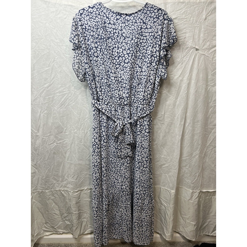 Prettygarden Blue White Leopard Print Wrap Maxi Dress V-Neck Belted Ruffle - Picture 3 of 7